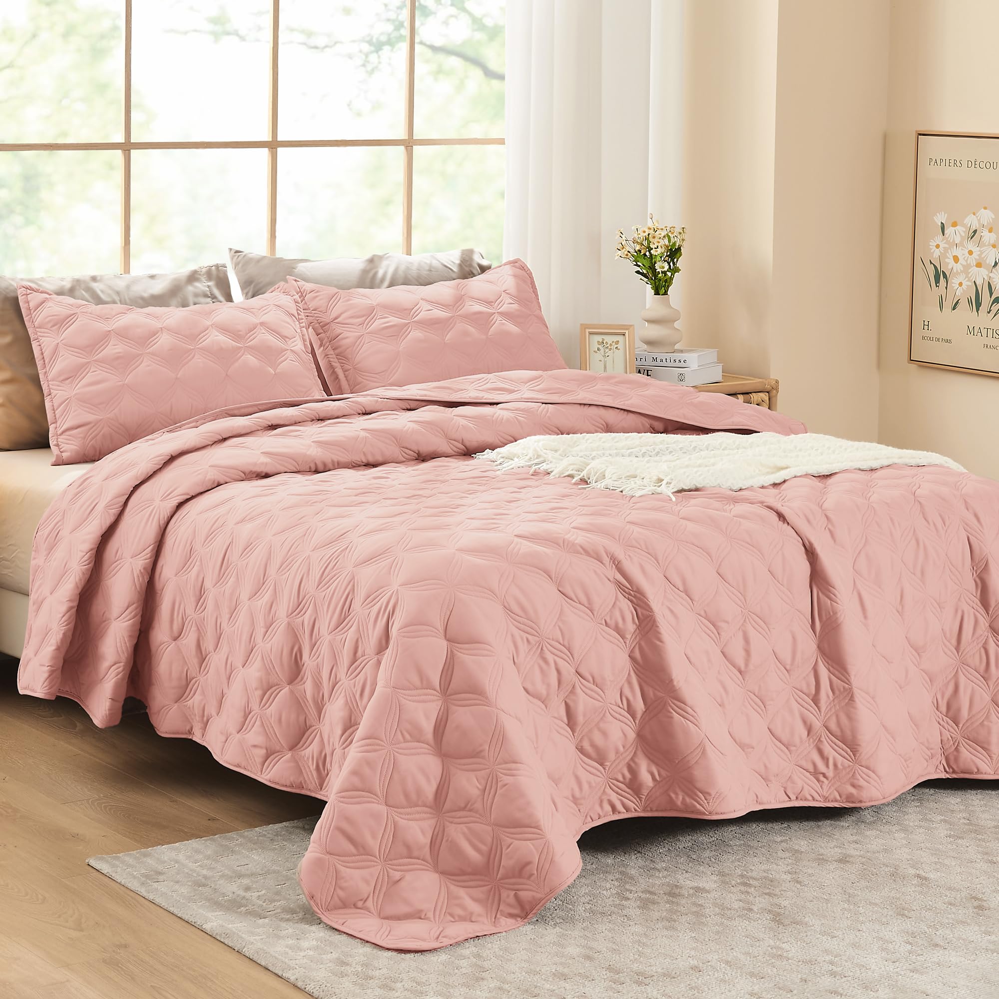Litanika Oversized King Quilt Bedding Set,120X120Inch Super King Blush Pink Comforter Bedspreads Lightweight Bed Coverlets Boho